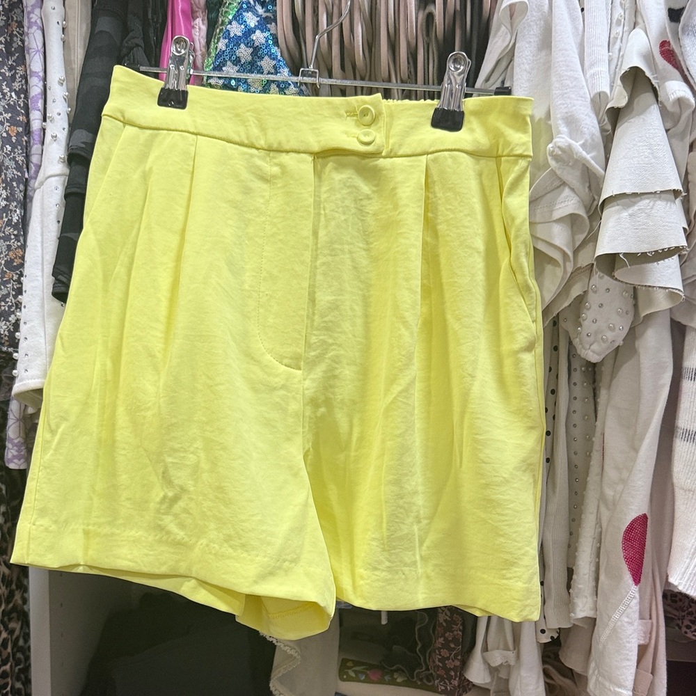 Skies Are Blue Neon Yellow Pleated High-Waist Shorts